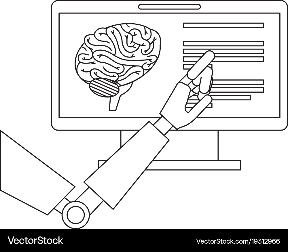 Monitor computer with brain and robot hand Vector Image