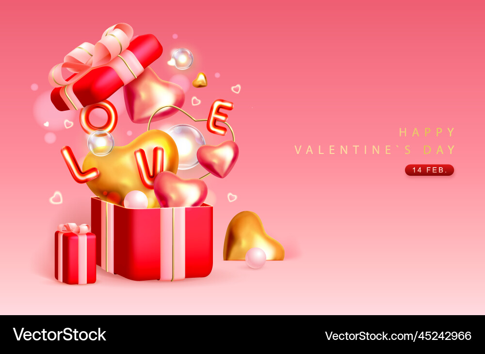 Valentines day poster with love heart and gift box vector image