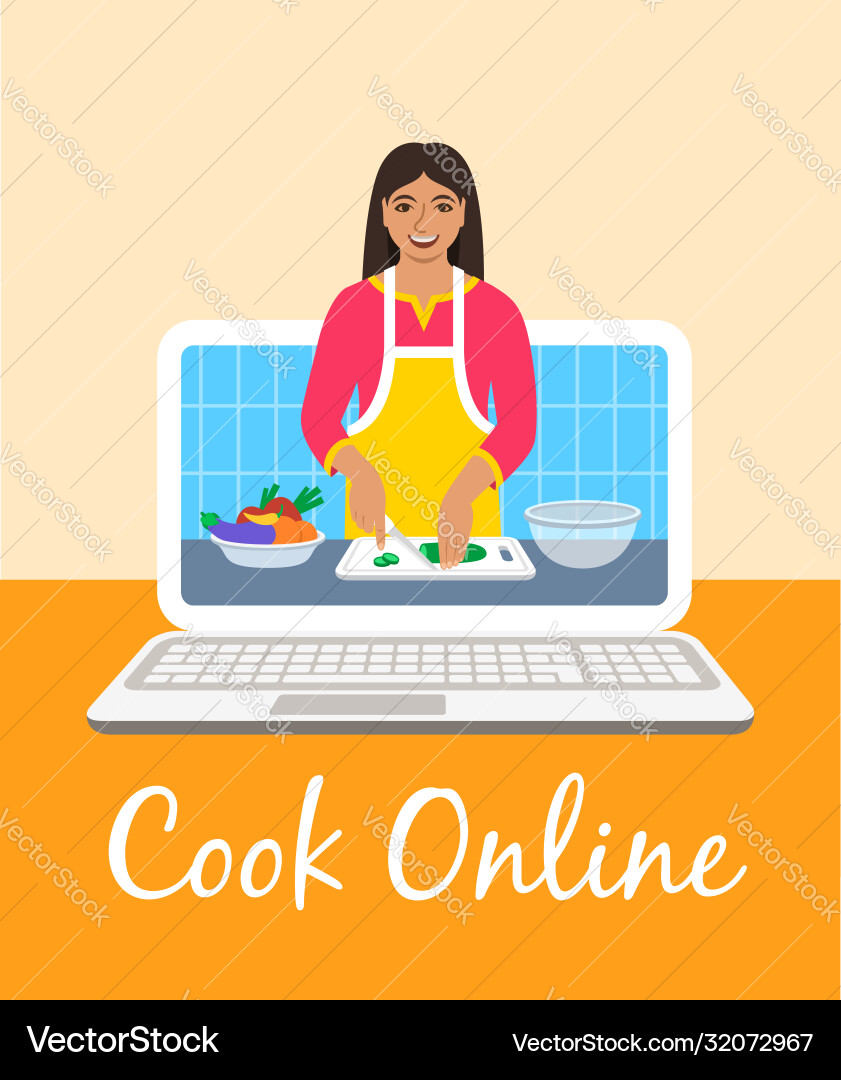 Online culinary video tutorial on computer screen Online culinary video tutorial on computer screen Vector Image