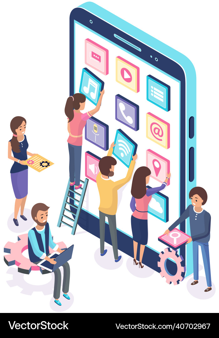 People working with development of mobile program vector image