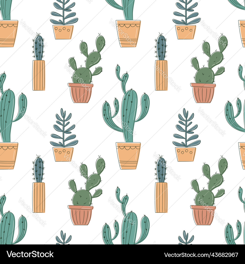Seamless pattern with hand drawn cactus Royalty Free Vector
