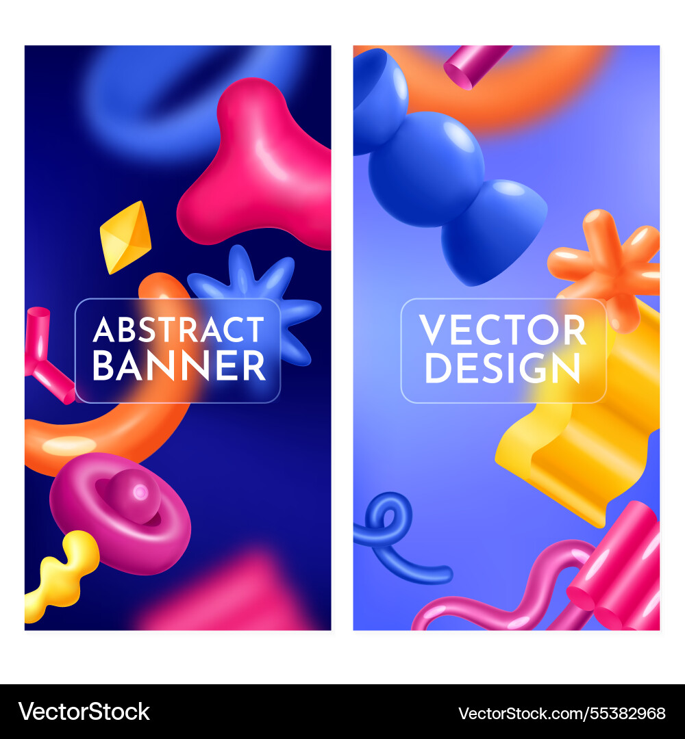 Banner set with 3d abstract shapes in gradient vector image