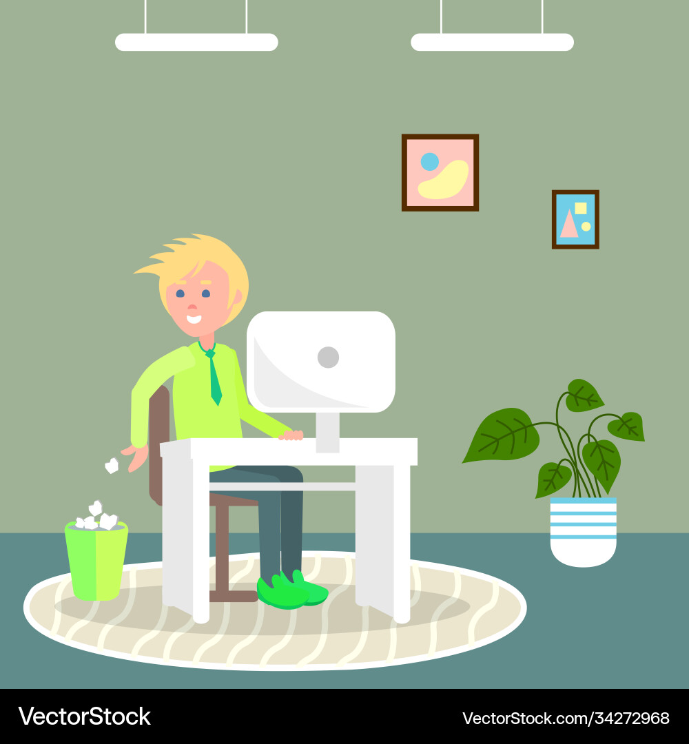Guy sits at table with monoblock and throws Guy sits at table with monoblock and throws Vector Image