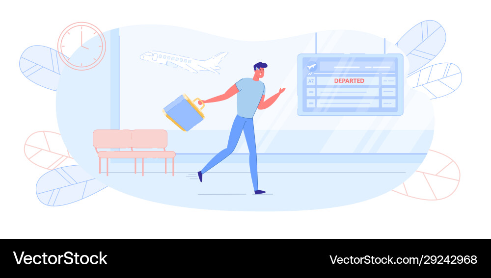 Man character running in rush to plane departure Man character running in rush to plane departure Vector Image