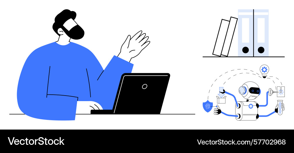 Man working at laptop while robot manages Man working at laptop while robot manages vector image