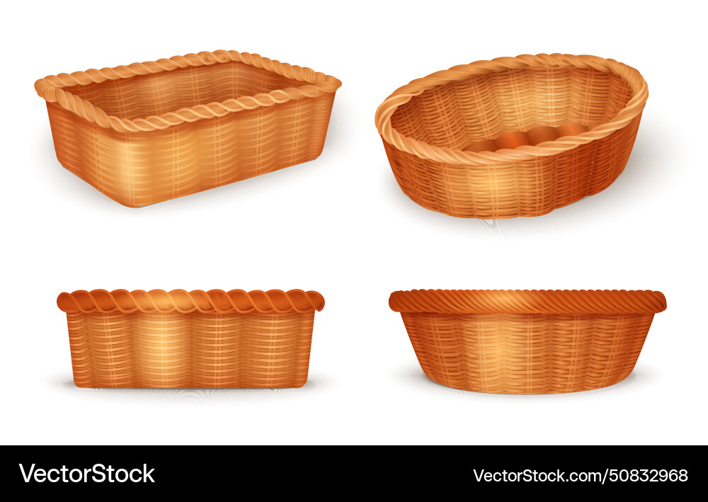 Realistic fruit bread wicker basket icon set Vector Image