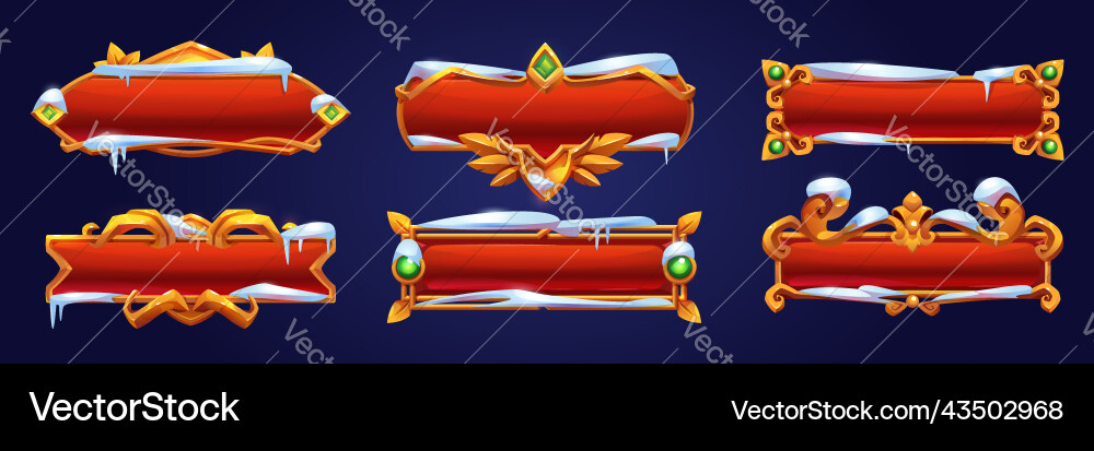 Red game buttons with golden frames and snow Red game buttons with golden frames and snow vector image