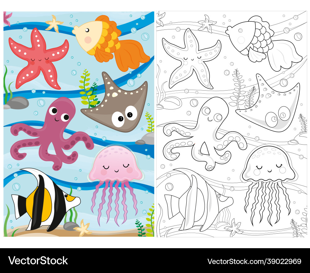 Coloring book marine life page Coloring book marine life page vector image