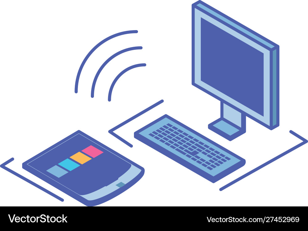 Desktop computer screen with keyboard vector image
