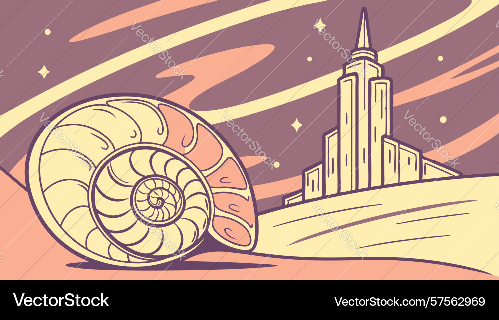 Nautilus shell in urban setting with distant Vector Image