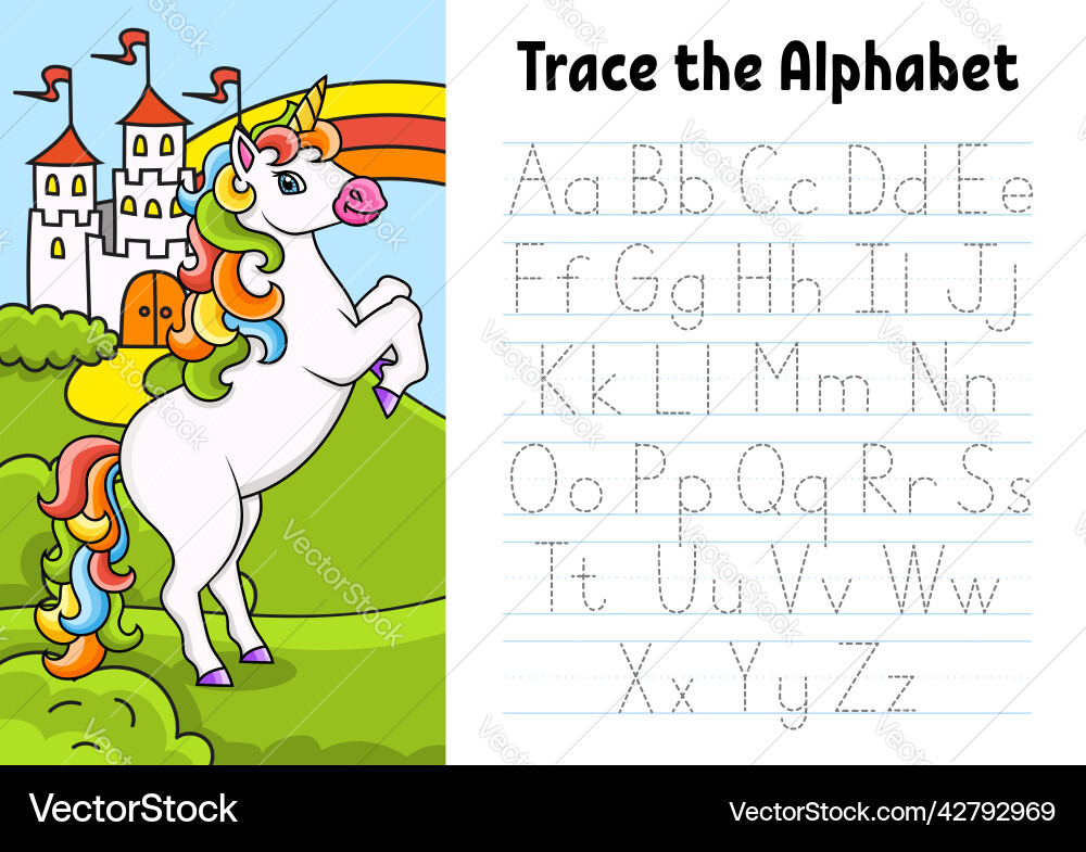 Writing letters tracing page with unicorn Writing letters tracing page with unicorn vector image