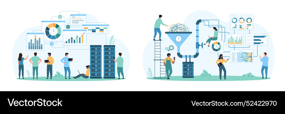 Big data research and conversion process set tiny Big data research and conversion process set tiny Vector Image