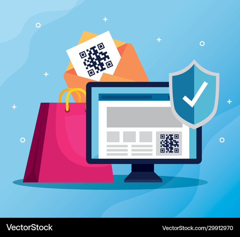 Scan code qr with computer and icons vector image