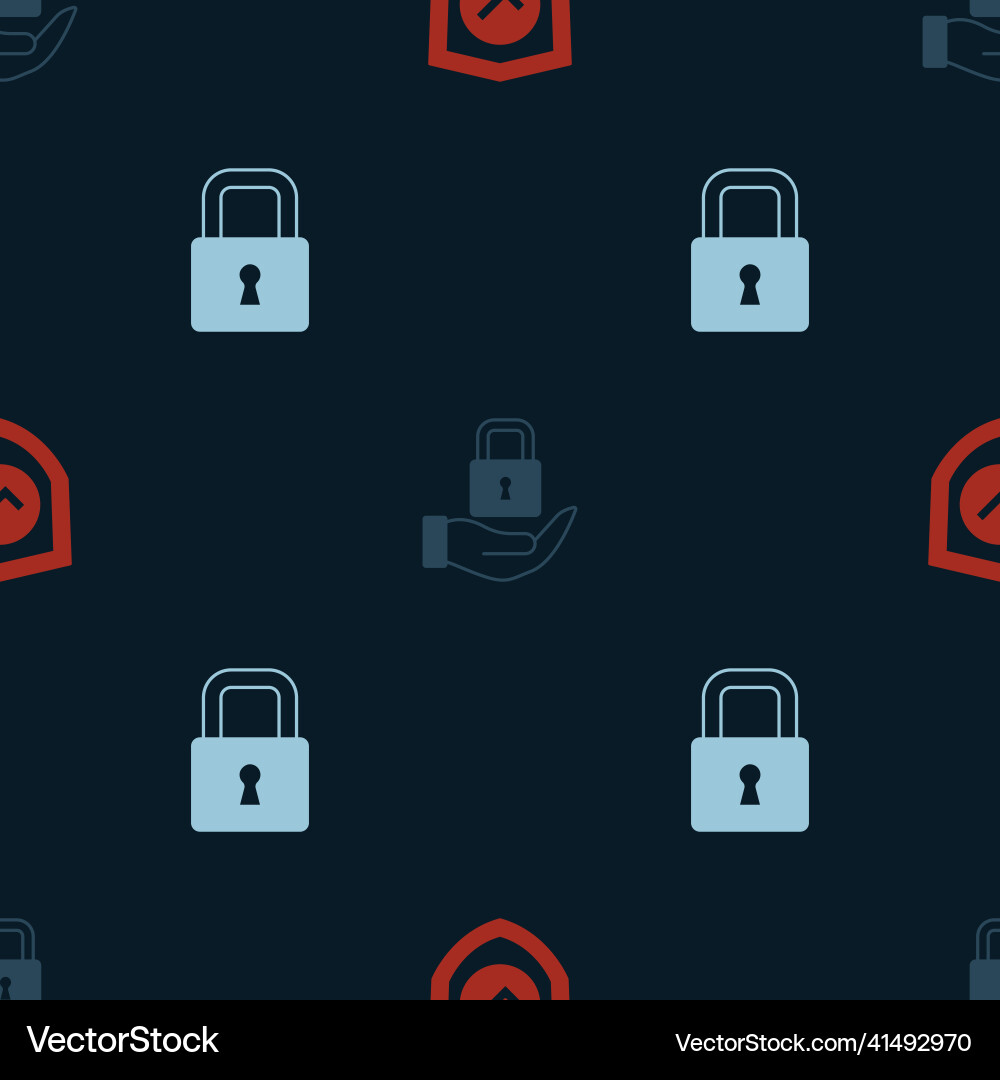 Set shield with check mark lock and on seamless vector image