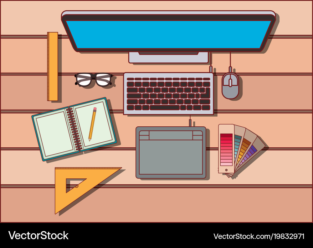 Desktop computer and drawing tools over desk vector image