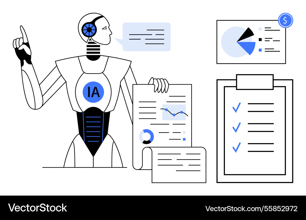 Ai robot analyzing data and reports while Ai robot analyzing data and reports while vector image