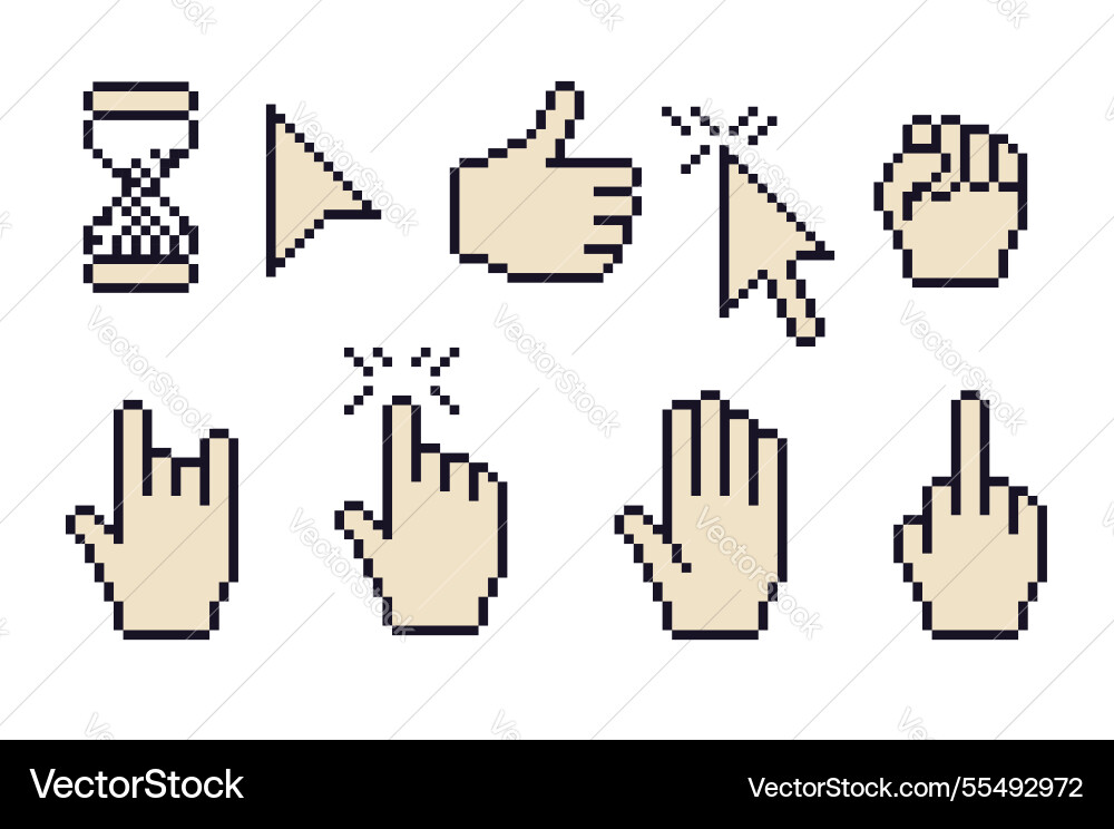 Pixel art retro cursors hands 8 bit pointers Pixel art retro cursors hands 8 bit pointers vector image