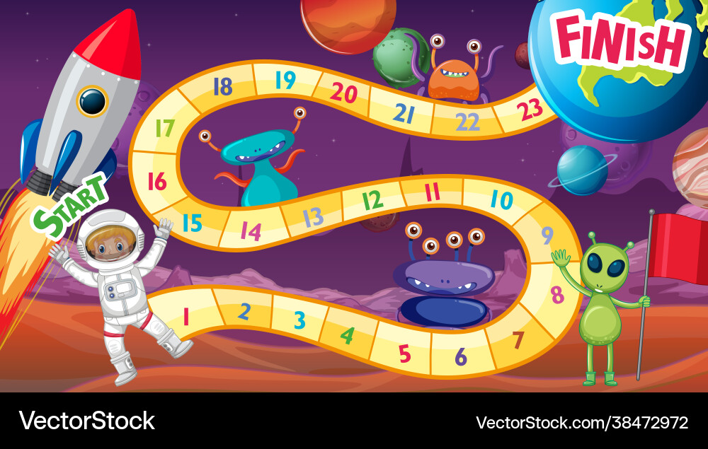 Snake and ladders game template with space theme Snake and ladders game template with space theme vector image