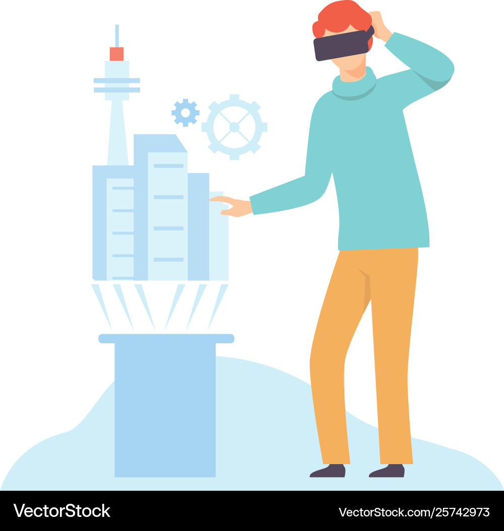 Man in vr glasses headset using touching virtual Man in vr glasses headset using touching virtual vector image