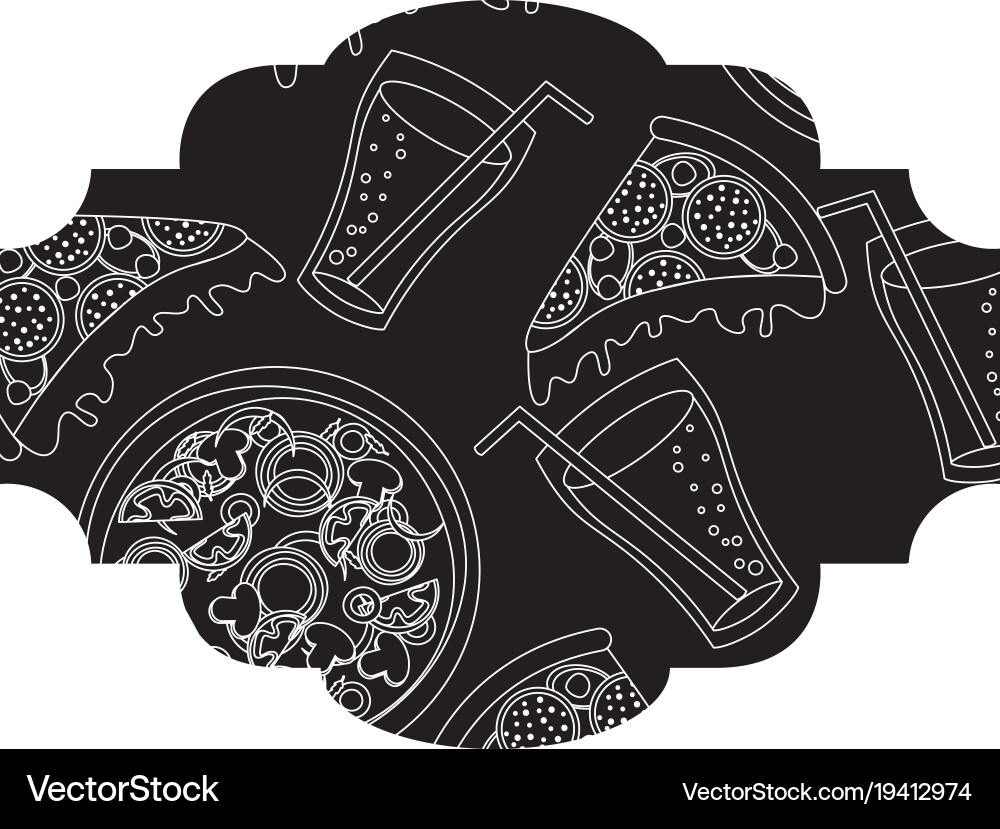 Frame with pizza and soda pattern background Vector Image
