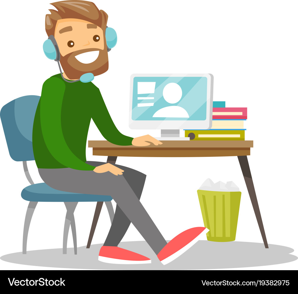 Mann mit Headset und Computer in Call Center Vektorbild