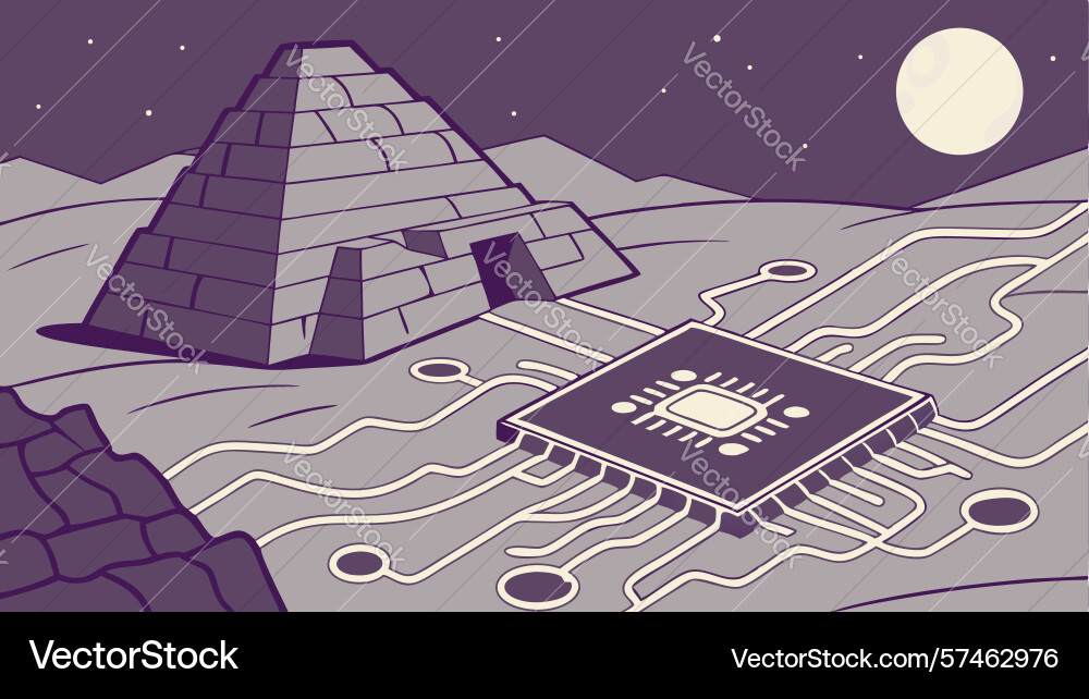Ancient tech enigma pyramid with circuit board vector image