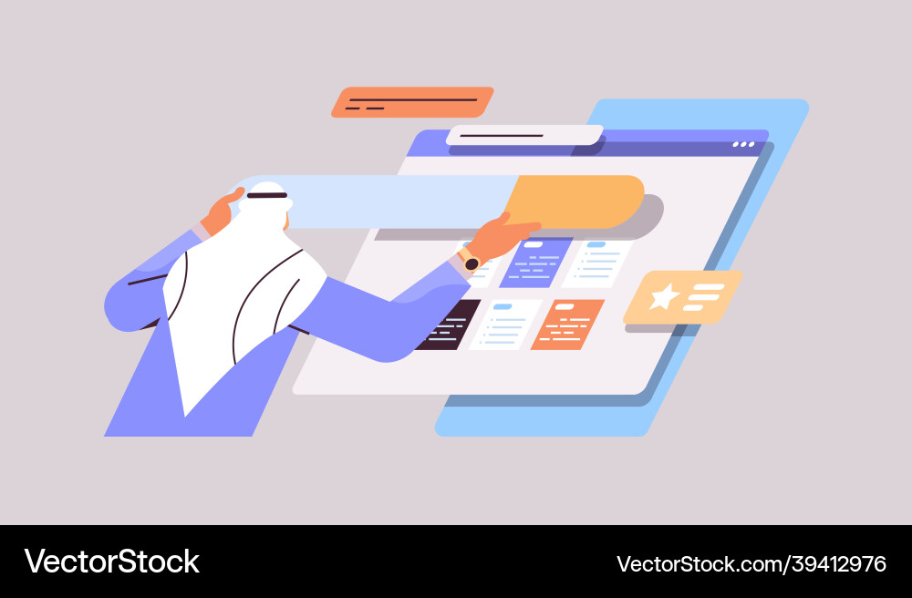 Arab man developer creating website ui interface Arab man developer creating website ui interface vector image
