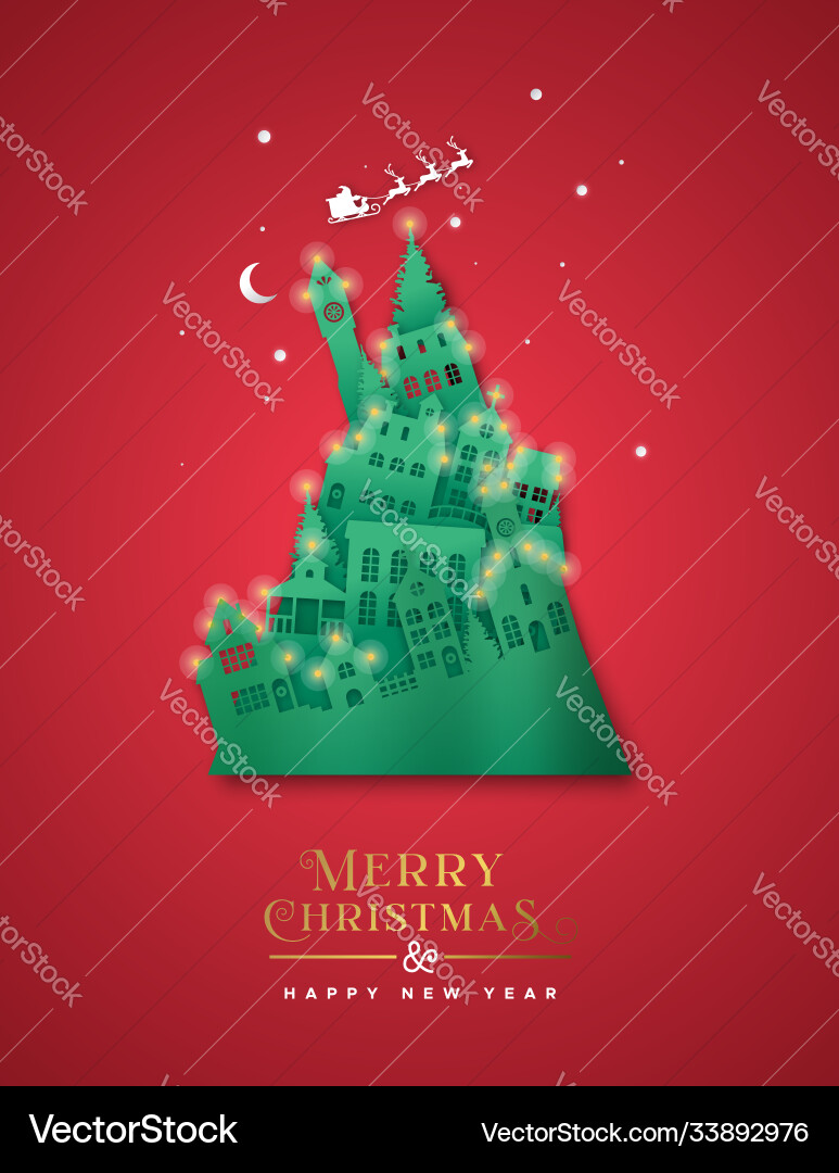 Jahr Papier Schnitt Pinienbaum Winterstadt Jahr Papier Schnitt Pinienbaum Winterstadt vektorbild