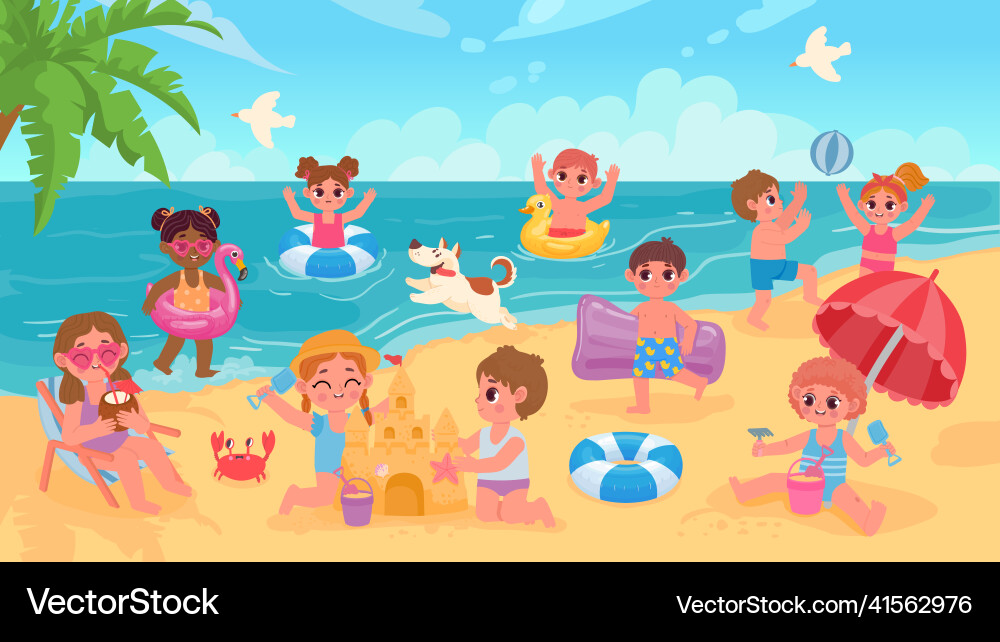 Summer beach landscape with kids swimming Summer beach landscape with kids swimming vector image