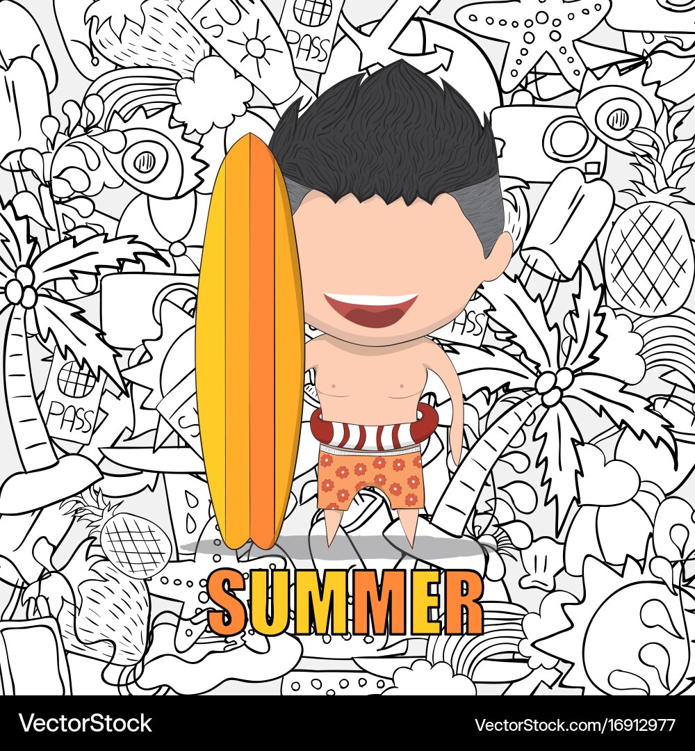 A happy face man with summer symbols and objects vector image