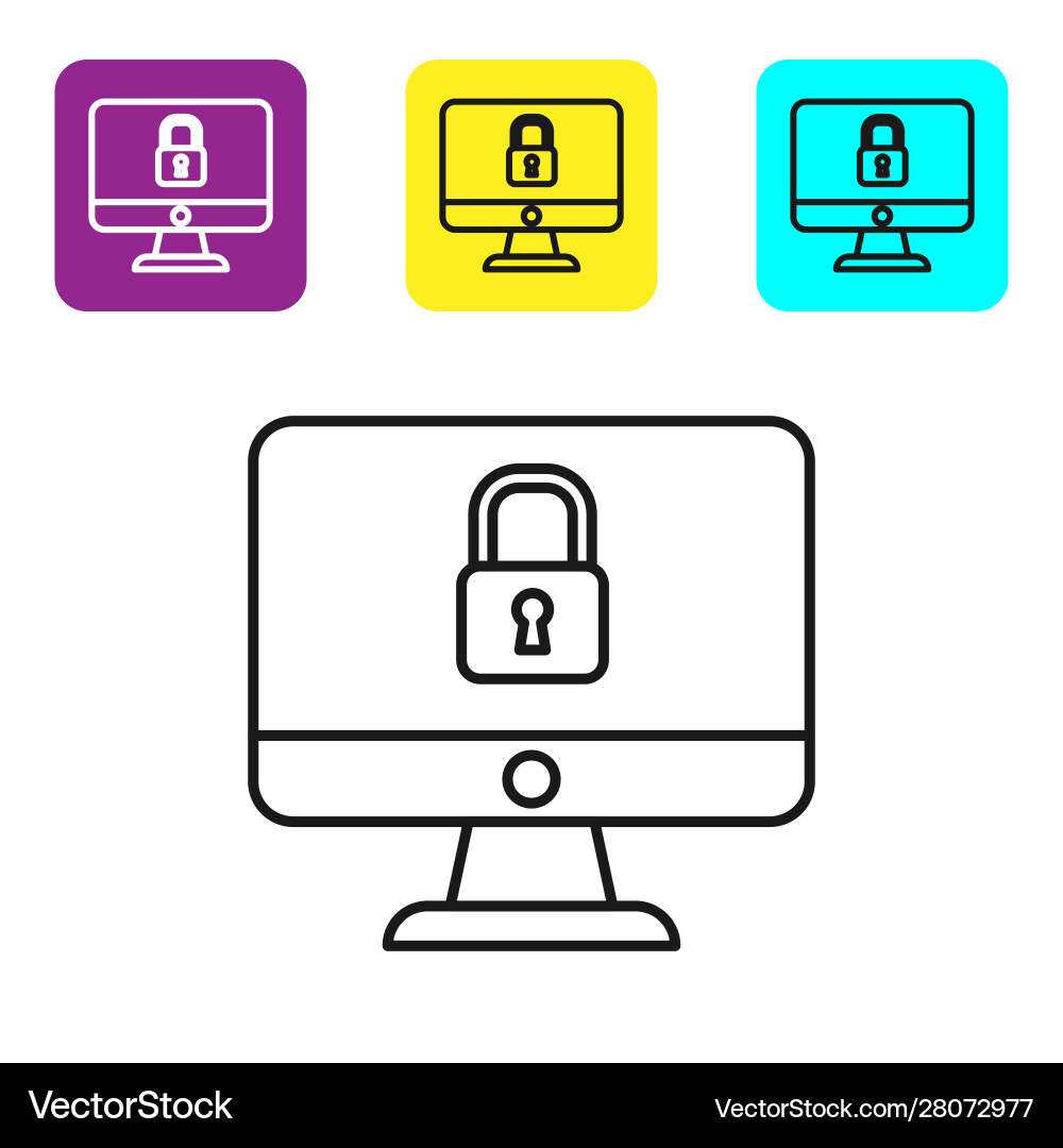 Black line lock on computer monitor screen icon Black line lock on computer monitor screen icon Vector Image