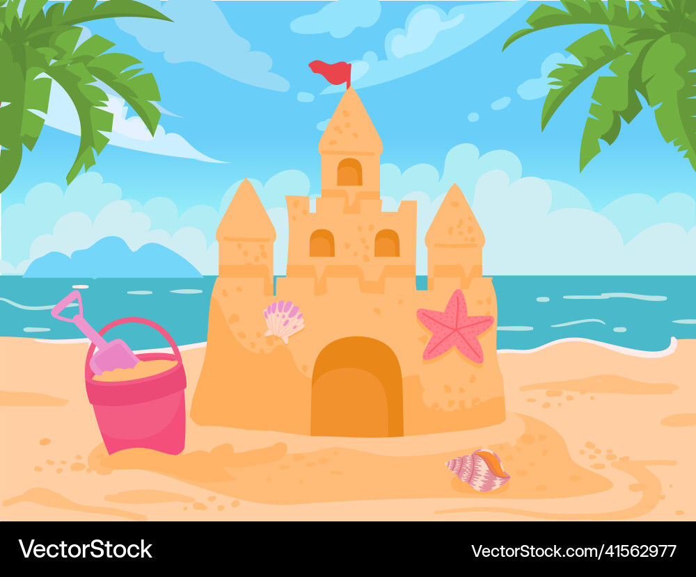 Cartoon Sand Burg Eimer und Schaufel auf See Cartoon Sand Burg Eimer und Schaufel auf See vektorbild