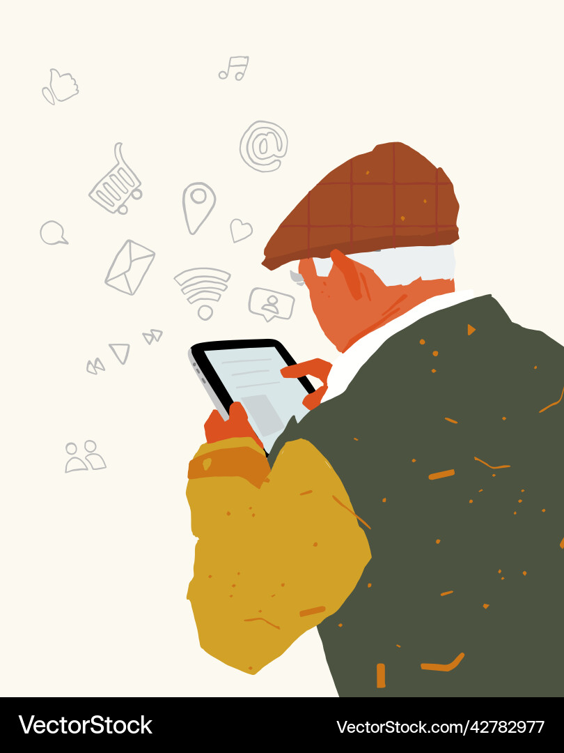 Close up back view of an old man using a tablet Vector Image