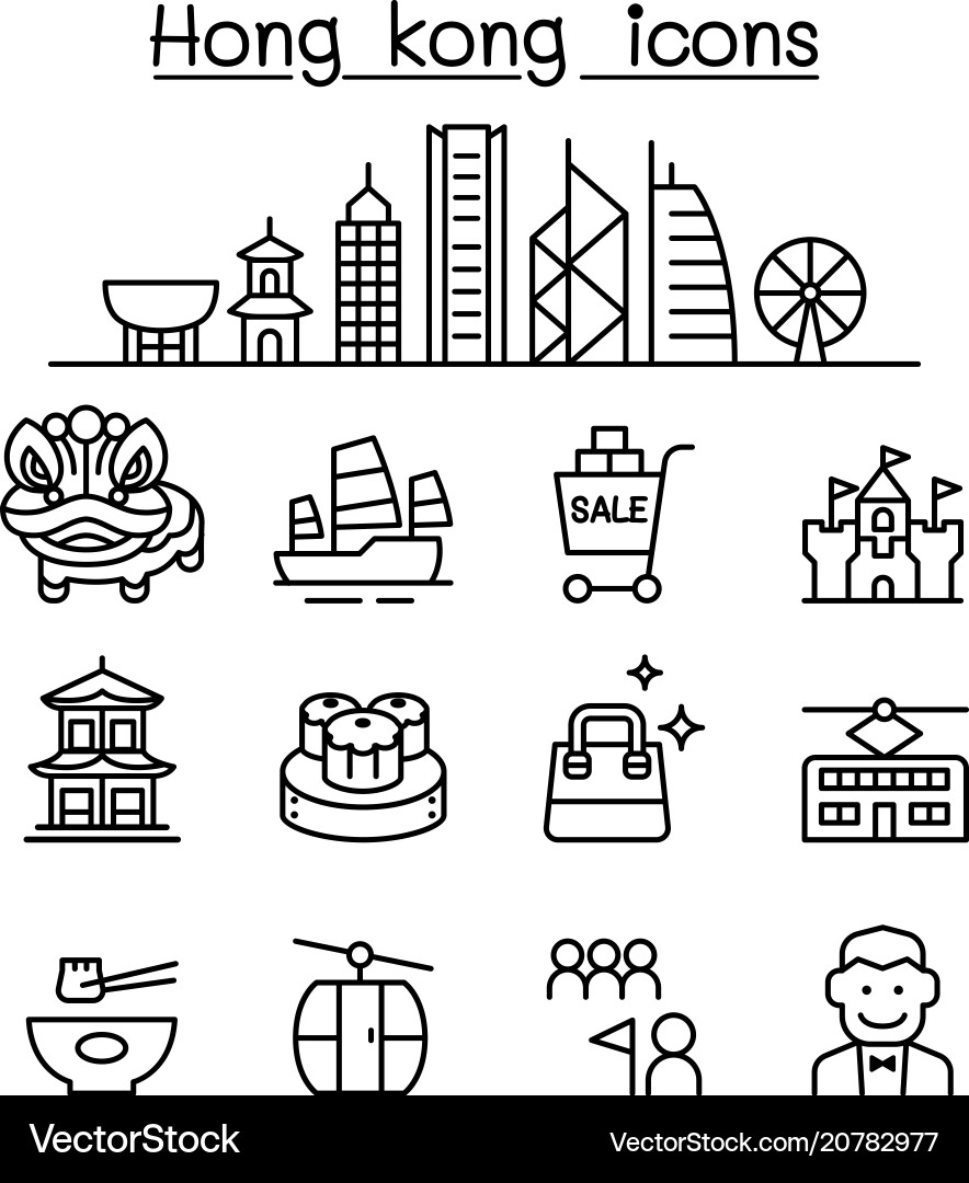 Hong Kong Icon Set - Skyline & Landmarks vector image