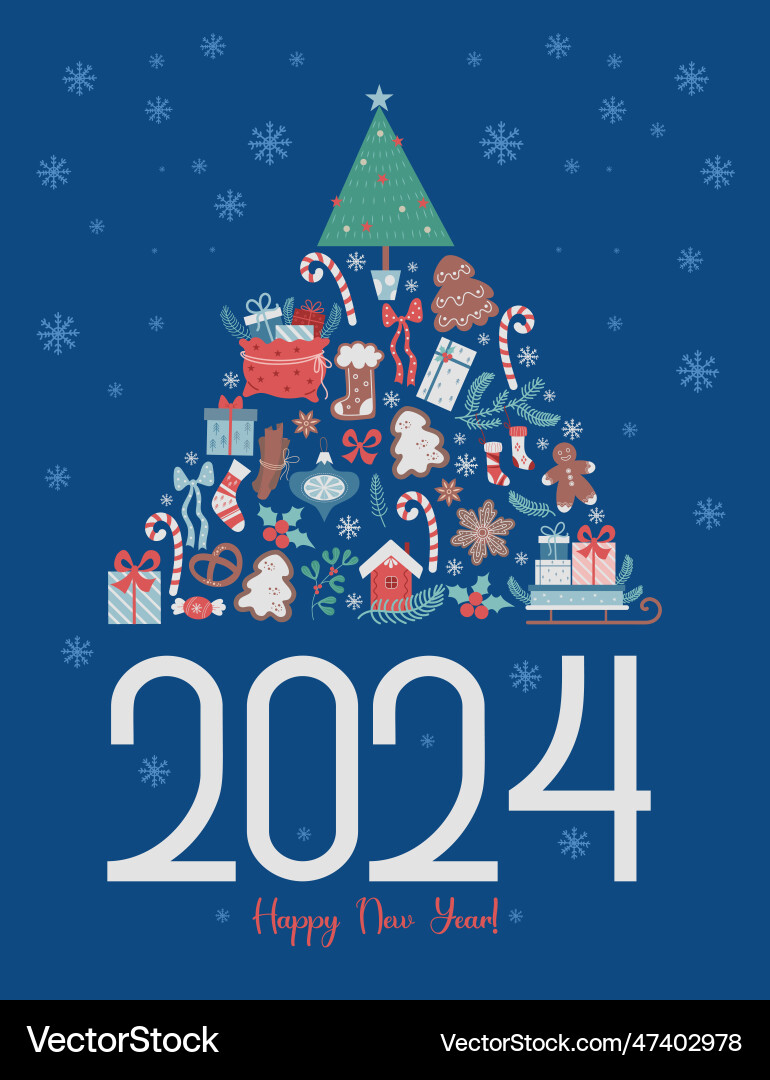2024 Frohes neues Jahr Grußkarte Weihnachten Baum 2024 Frohes neues Jahr Grußkarte Weihnachten Baum Vektorbild