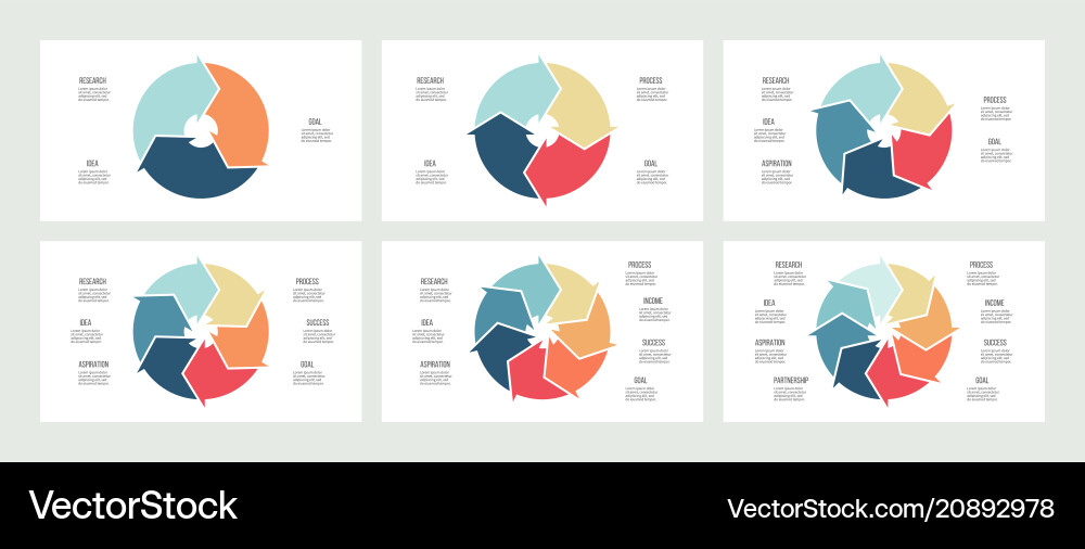 Business infographics pie charts with 3 4 5 6 Business infographics pie charts with 3 4 5 6 vector image