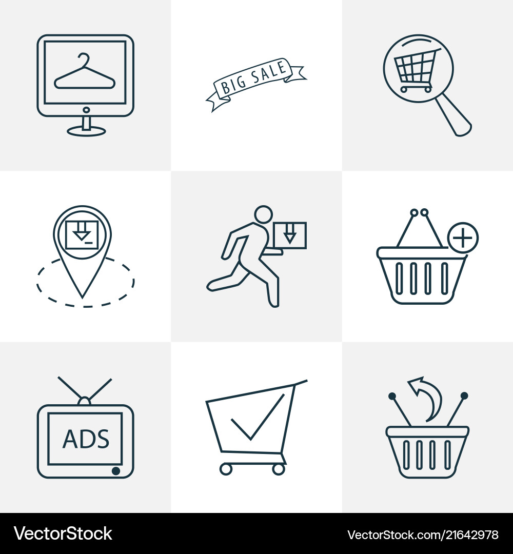 Commerce icons line style set with location pin Vector Image