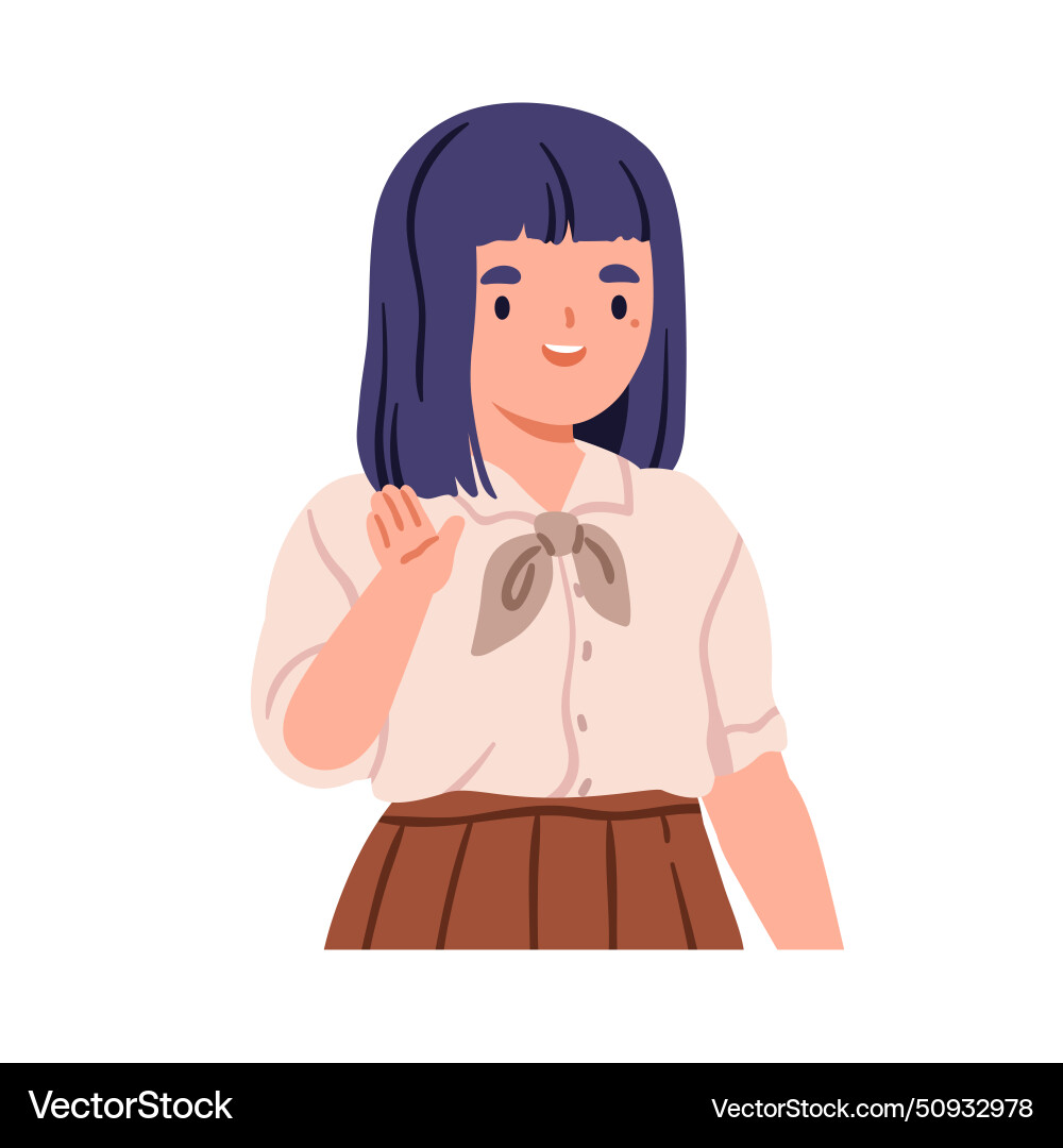 Cute happy asian school girl waving hi with hand vector image