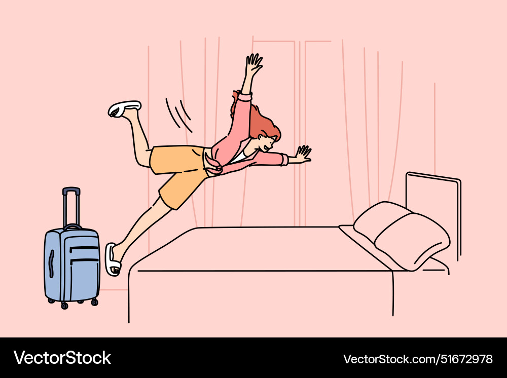 Glückliche Frau Touristen springt auf Hotel Bett freut sich Glückliche Frau Touristen springt auf Hotel Bett freut sich vektorbild