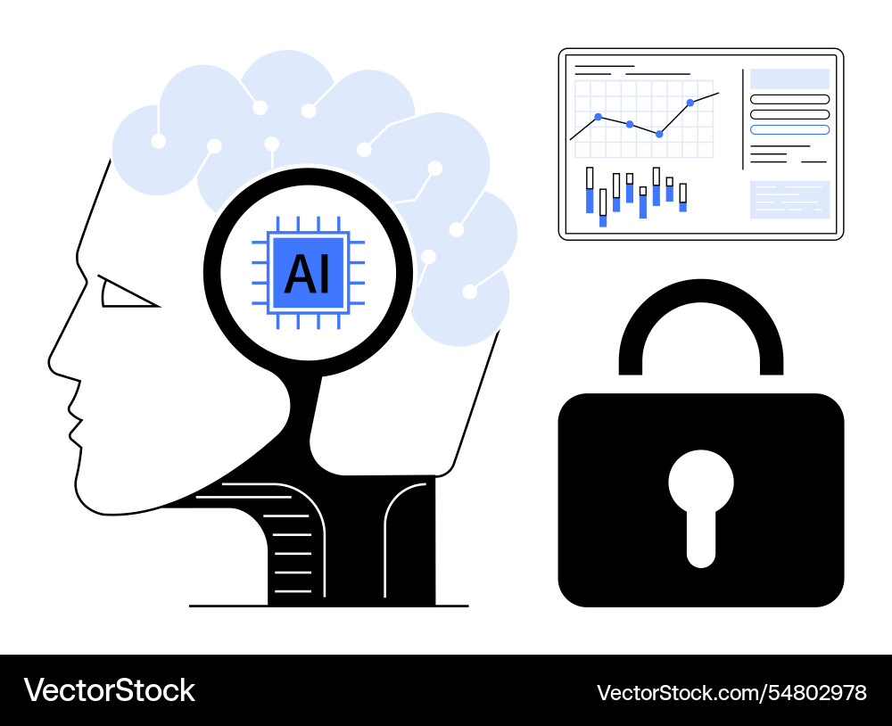 Human brain with ai chip secure lock and data Human brain with ai chip secure lock and data vector image