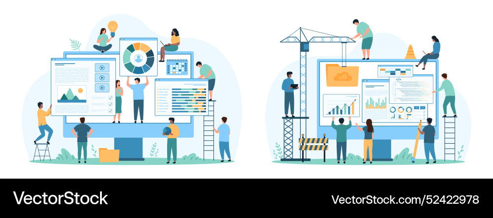Online website development set tiny people build Online website development set tiny people build vector image