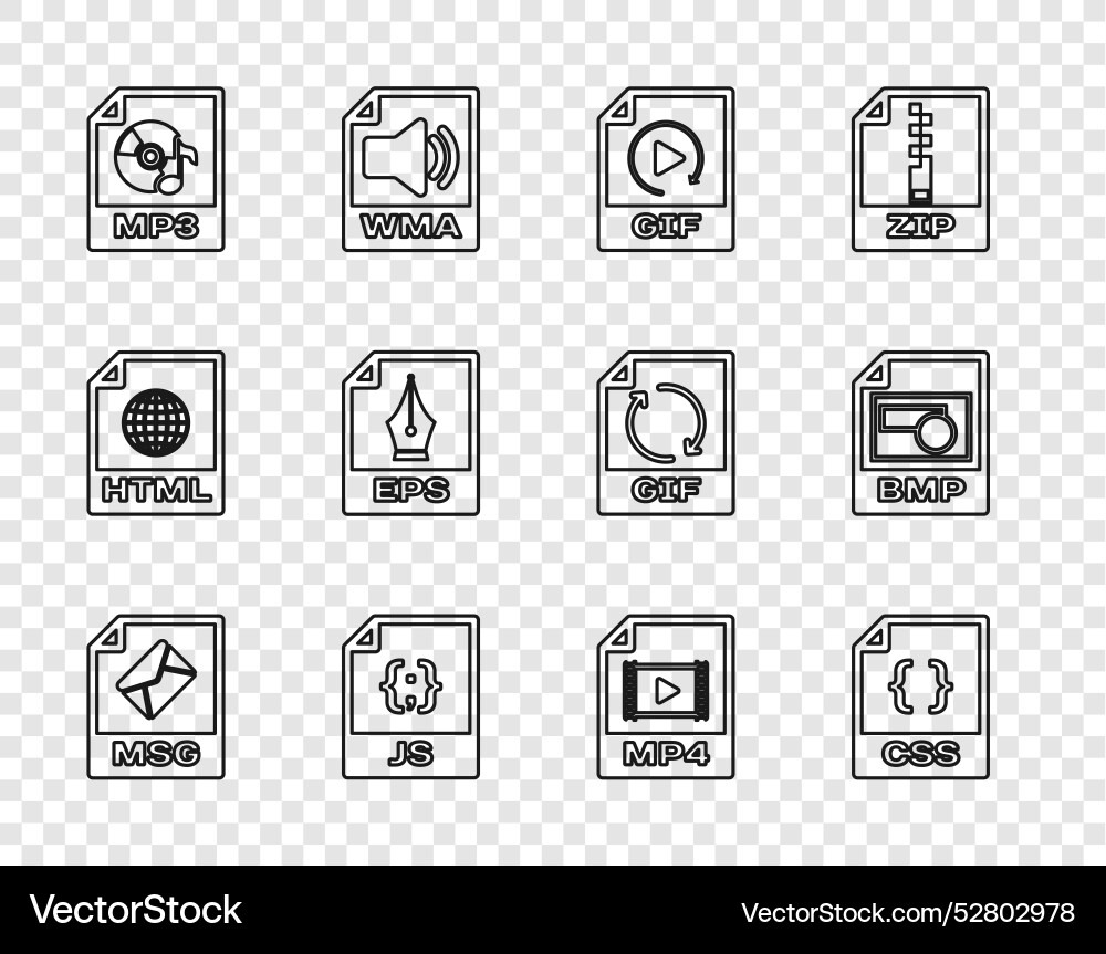 Set line msg file document css gif js mp3 eps mp4 Set line msg file document css gif js mp3 eps mp4 vector image
