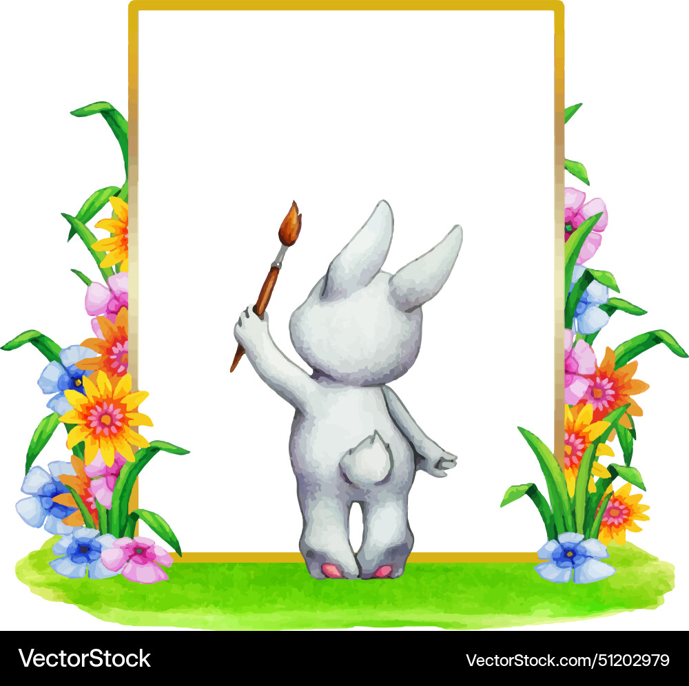 Cute bunny writing and flowers Royalty Free Vector Image