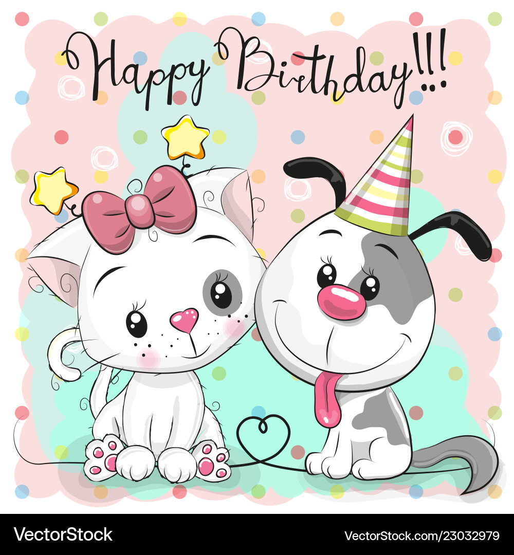 Greeting birthday card with cute cat and dog Greeting birthday card with cute cat and dog vector image