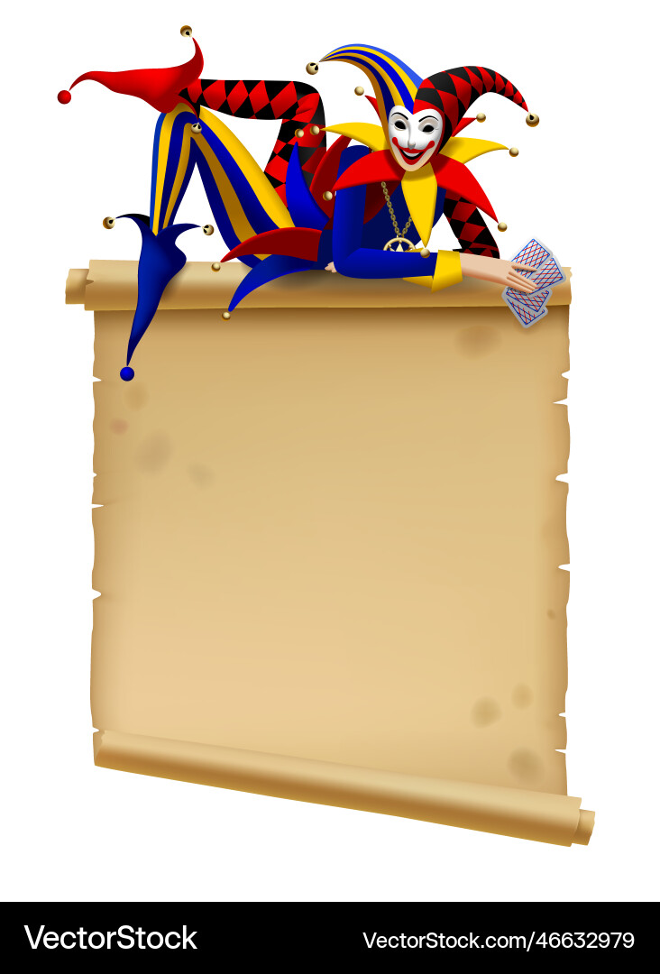 Joker with playing cards lying on a retro scroll Joker with playing cards lying on a retro scroll vector image