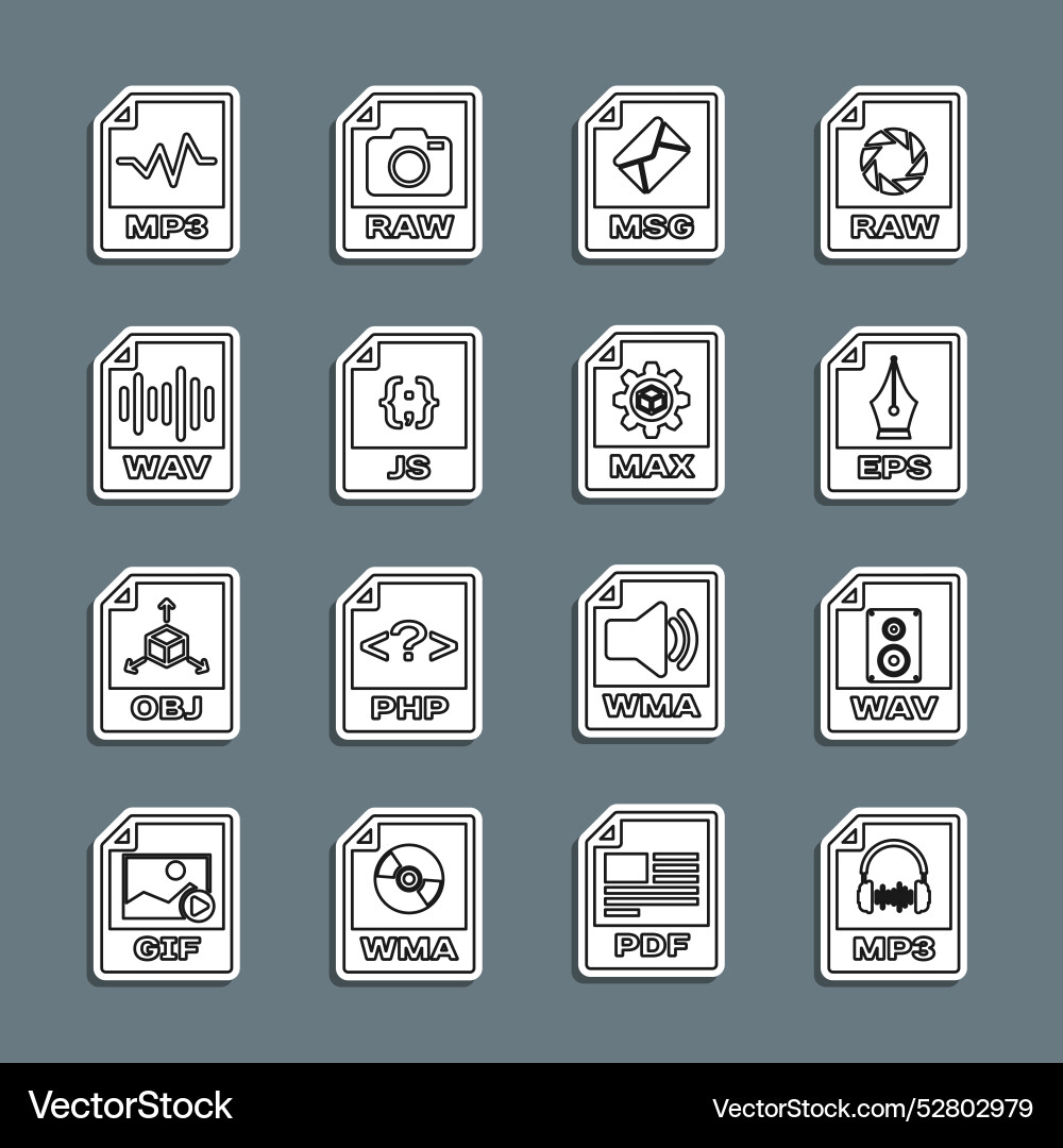 Set line mp3 file document wav eps msg js and max Vector Image