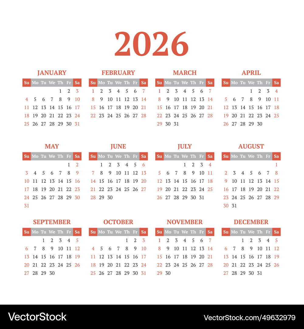 Simple calendar on 2026 start from sunday Vector Image
