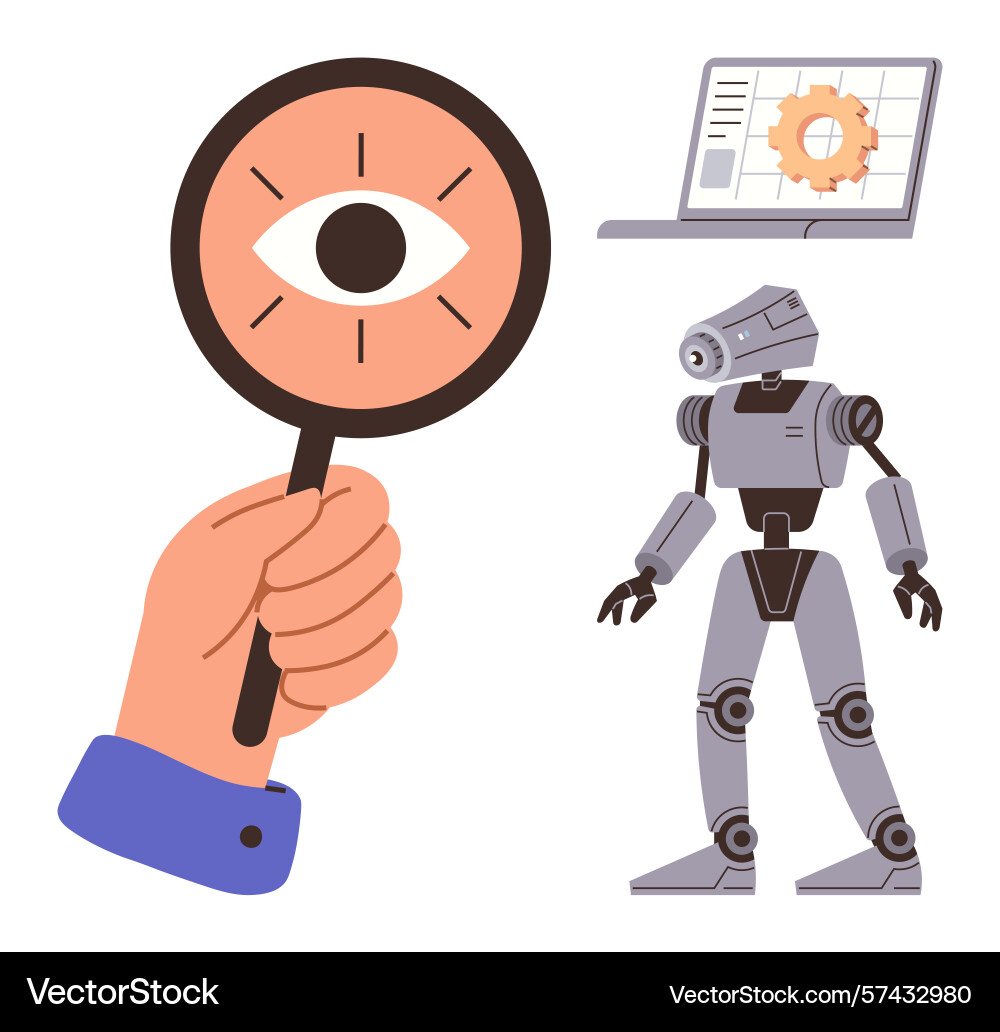 Artificial intelligence exploration with robot Artificial intelligence exploration with robot vector image