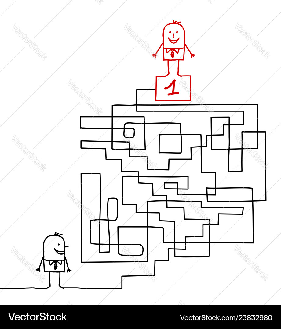 Cartoon Character Navigating a Complex Path Vector Image