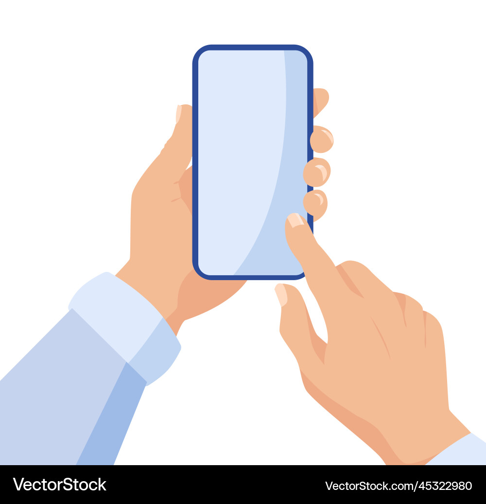 Man holds smartphone in hands uses empty screen Man holds smartphone in hands uses empty screen vector image